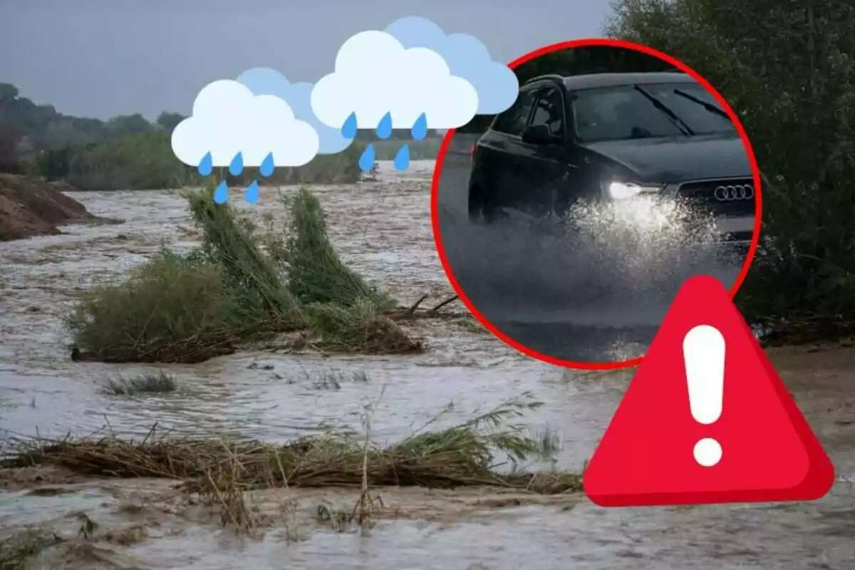 Coche atravesando una carretera inundada con advertencia de lluvia intensa y símbolo de precaución.