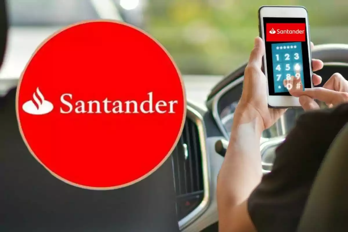 Persona usando una aplicación bancaria en un teléfono móvil dentro de un automóvil con el logotipo de Santander en primer plano. Persona usando una aplicación bancaria en un teléfono móvil dentro de un automóvil con el logotipo de Santander en primer plano.