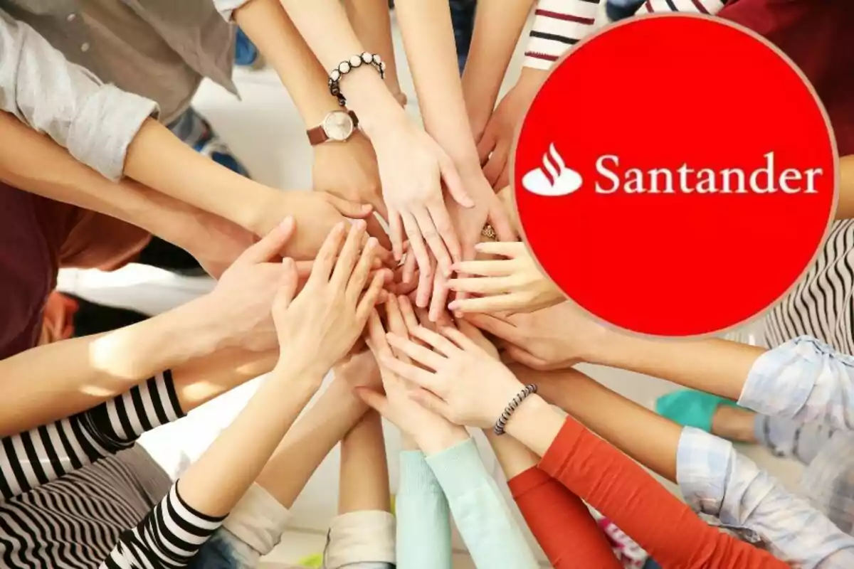 Un grupo de manos unidas en el centro con un logotipo rojo de Santander en la esquina.