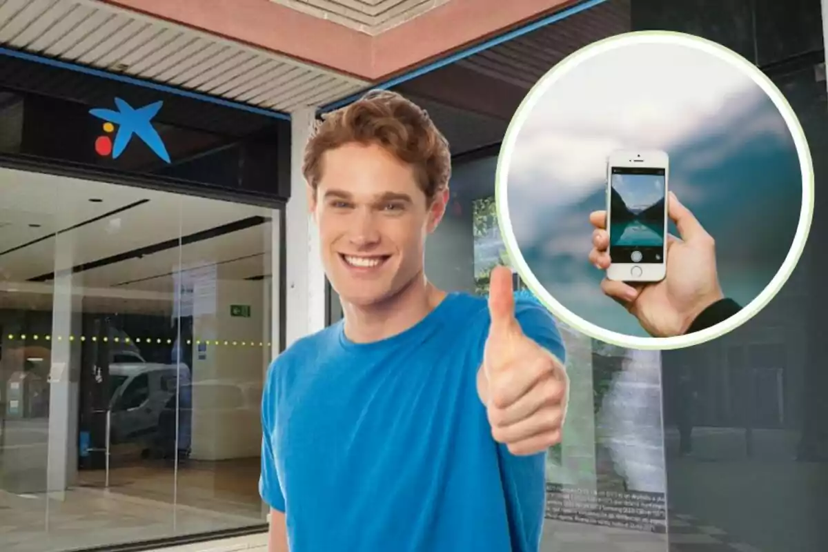 Un hombre sonriente con pulgar hacia arriba frente a una sucursal bancaria y una imagen de un teléfono móvil.