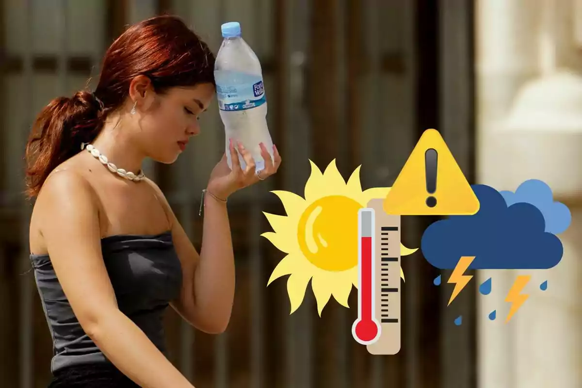 Imagen de fondo de una chica con una botella fría en la cabeza y varios emoticonos de un sol con un termómetro que indica calor, una nube con tormenta y una señal de alerta
