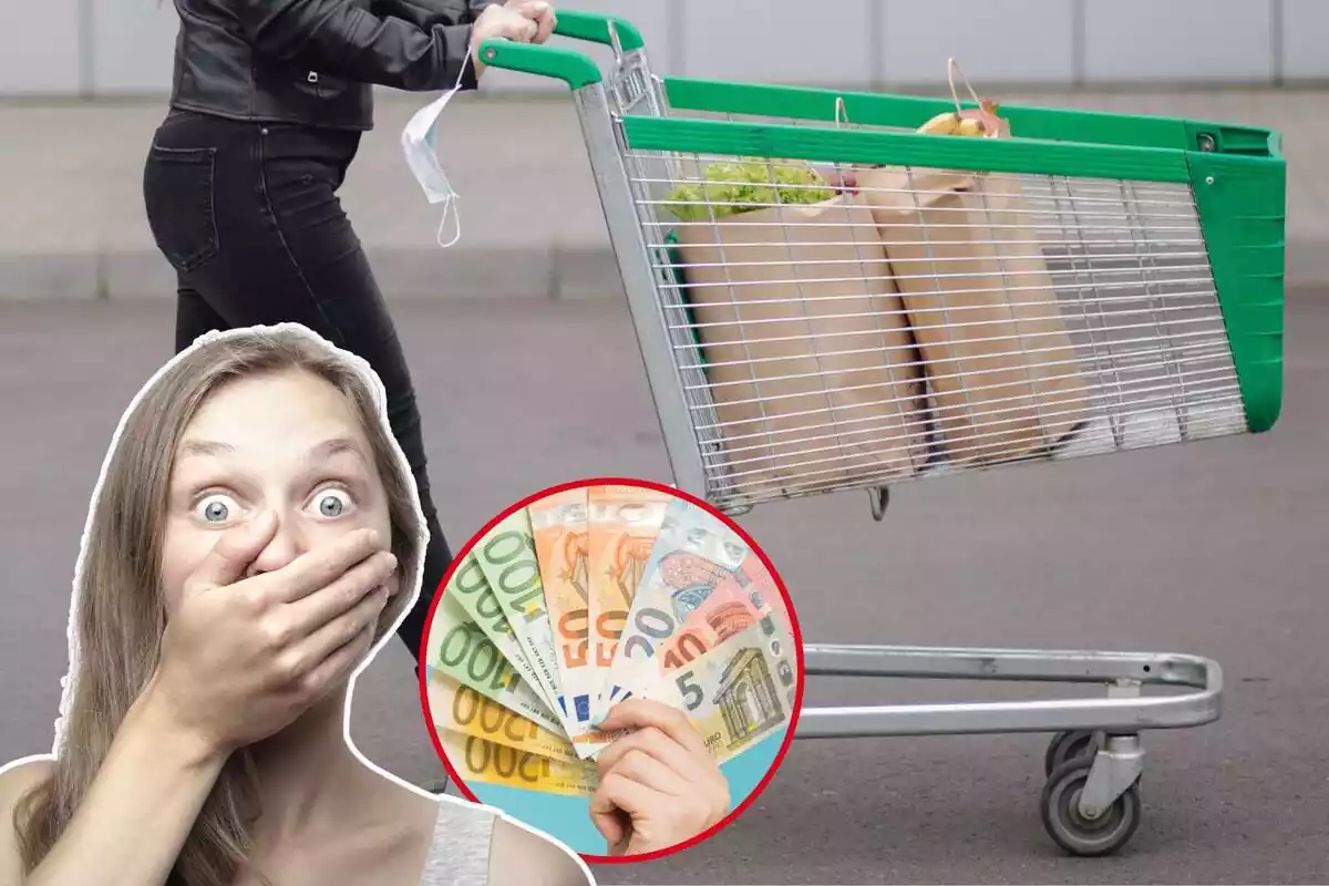 Imagen de fondo de una persona llevando un carrito de la compra en el exterior y otra imagen de una mujer con cara de sorpresa y una tercera imagen de una mano con varios billetes de euros