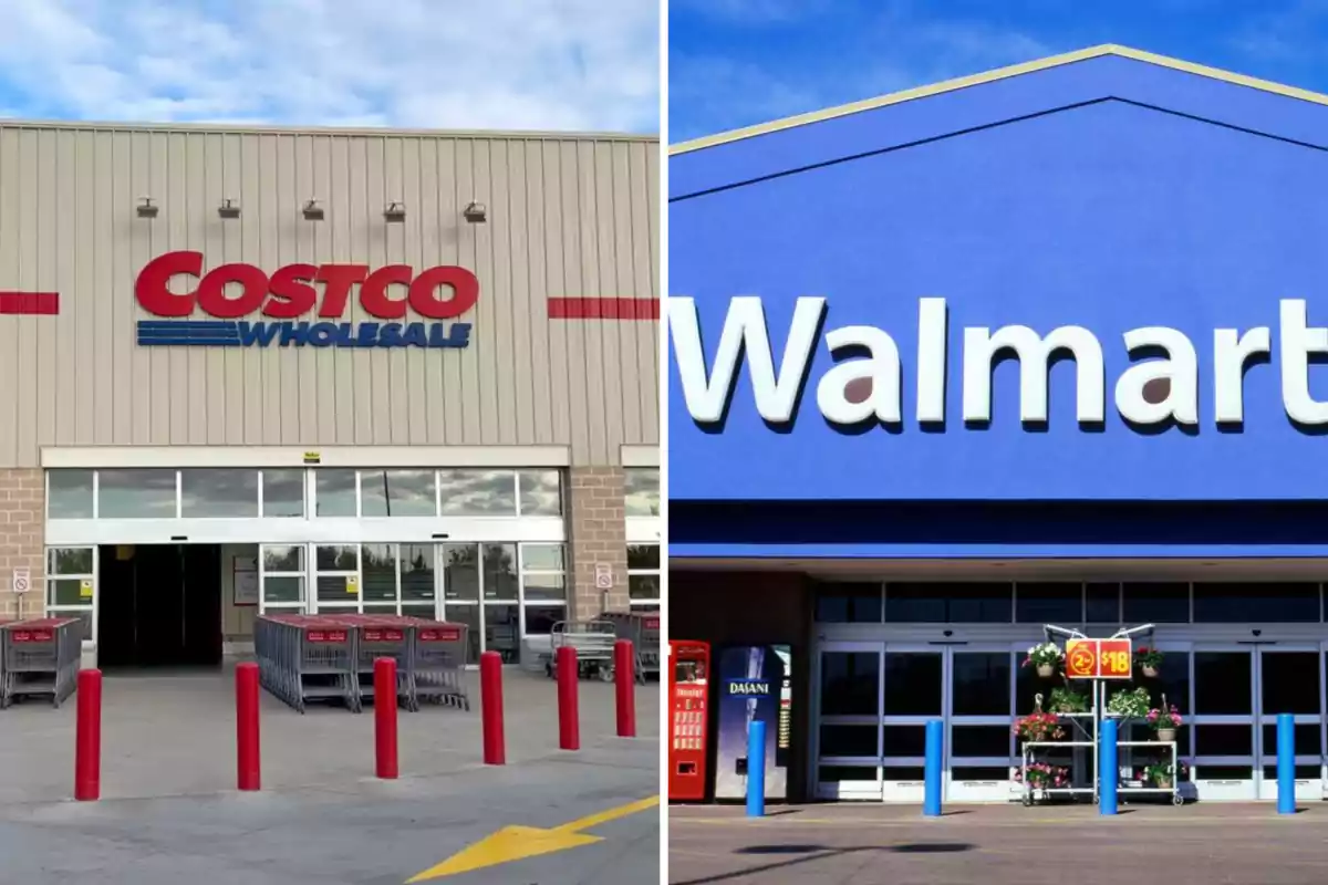 Fachadas de las tiendas Costco y Walmart lado a lado. Fachadas de las tiendas Costco y Walmart lado a lado.