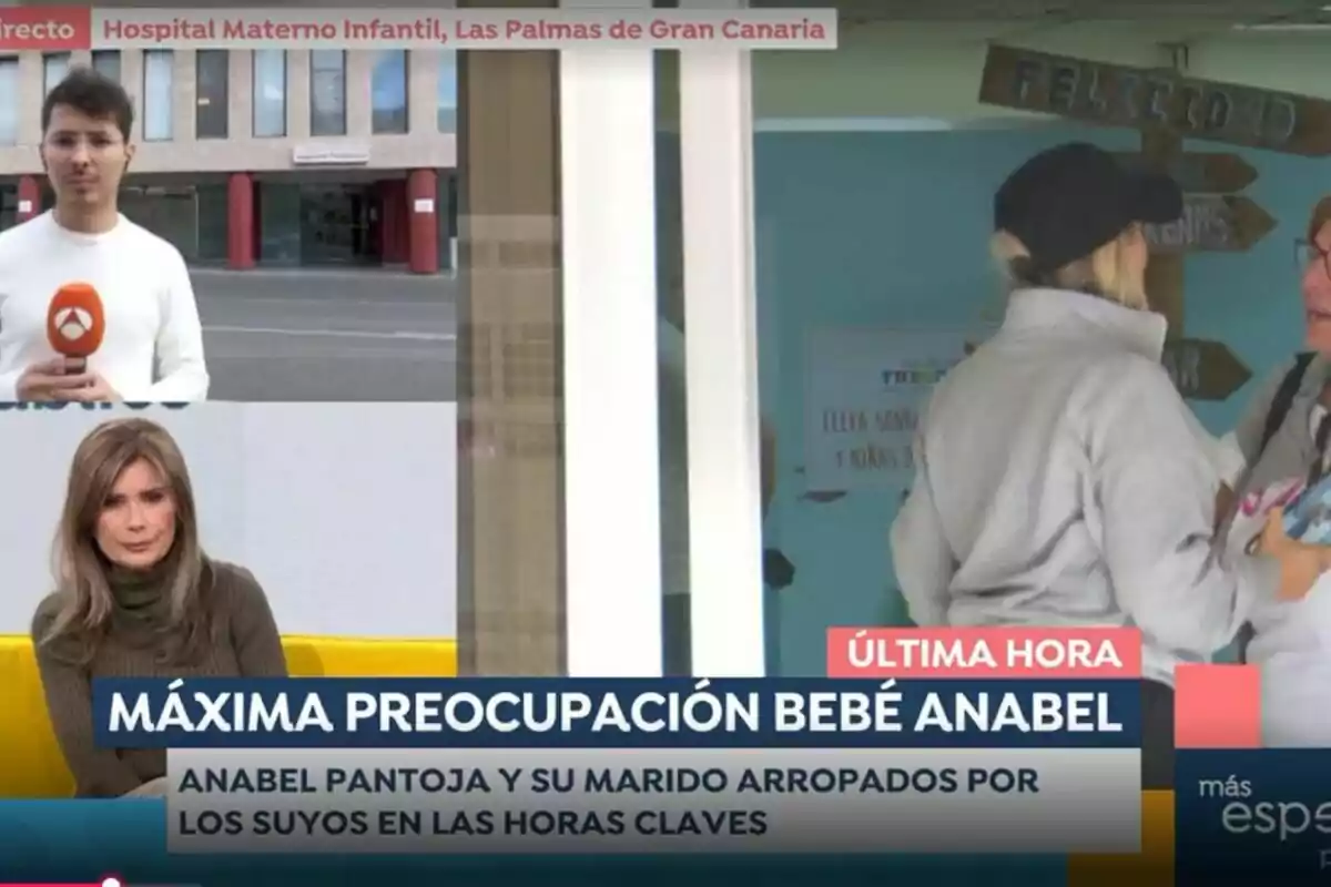 Reportero en directo desde el Hospital Materno Infantil de Las Palmas de Gran Canaria mientras Gema López informa sobre la situación de preocupación por el bebé de Anabel Pantoja. Captura de 'Espejo Público'