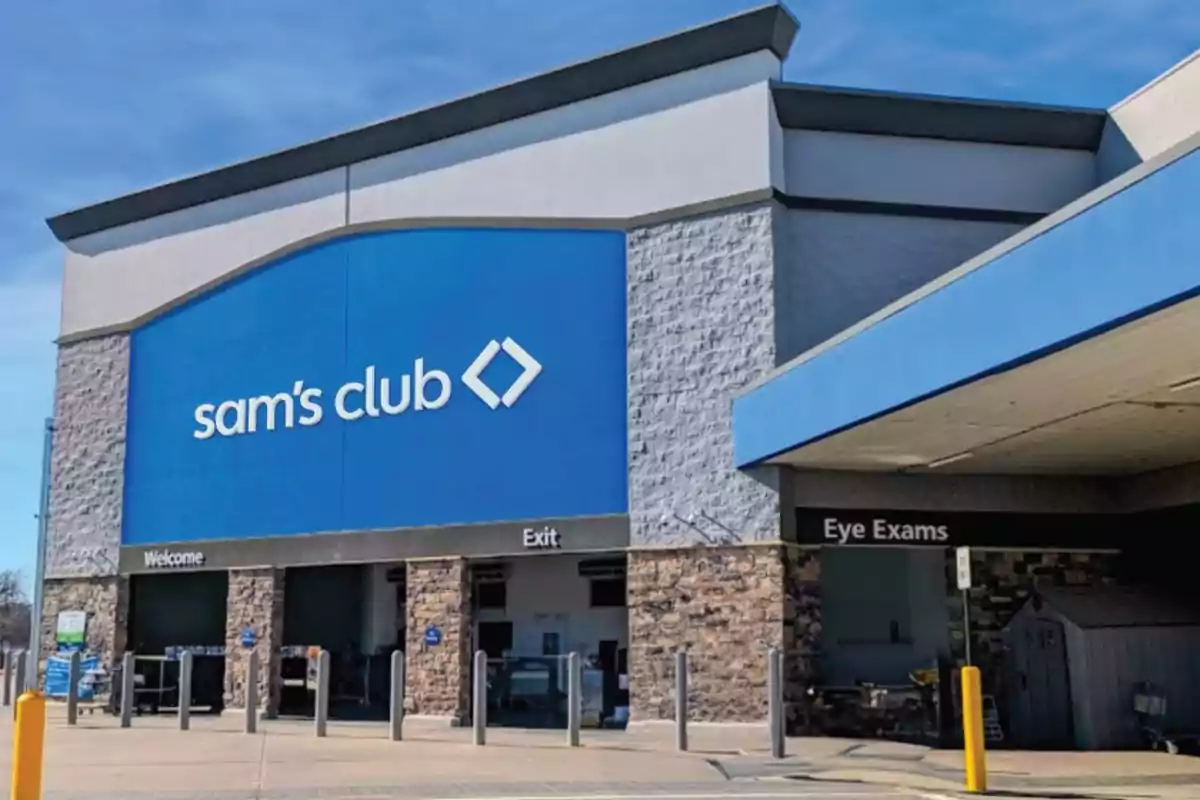 Facade of a Sam's Club store with a large blue sign at the main entrance.