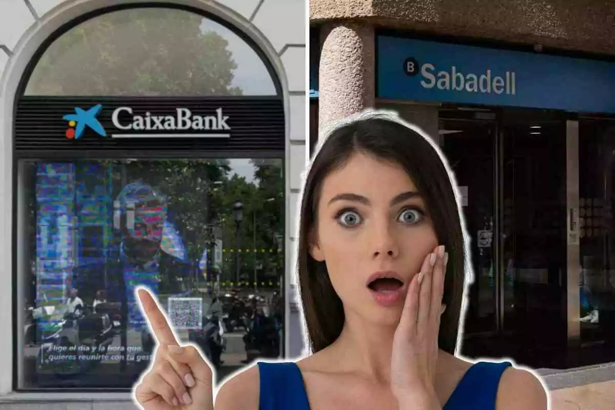 Una mujer con expresión de sorpresa está frente a las fachadas de dos bancos, CaixaBank y Sabadell.