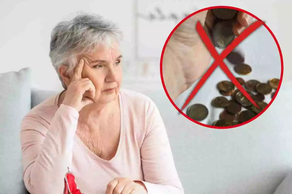 Una mujer mayor pensativa con una mano en la cabeza y un círculo rojo con una cruz sobre una imagen de monedas. Una mujer mayor pensativa con una mano en la cabeza y un círculo rojo con una cruz sobre una imagen de monedas.