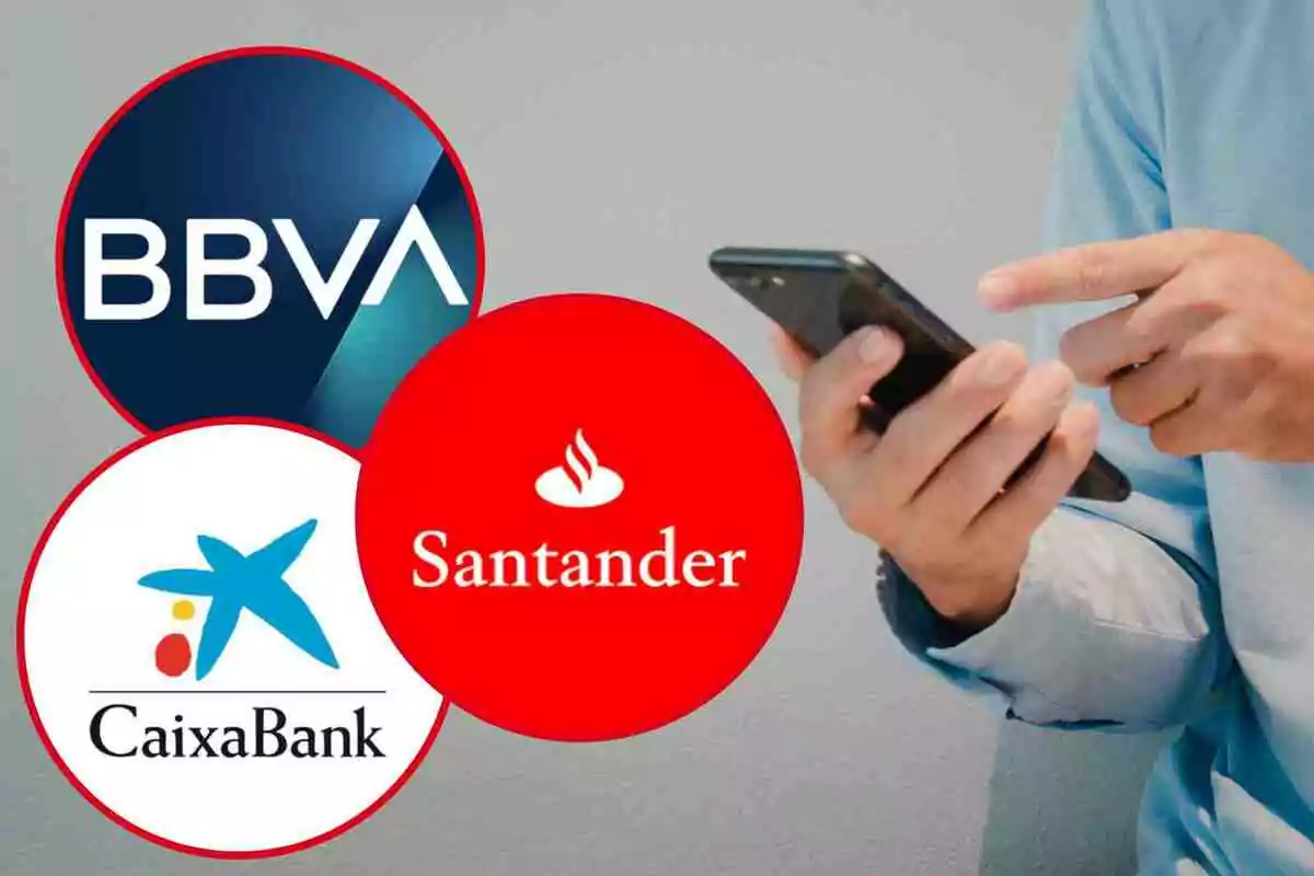 Logotipos de BBVA, Santander y CaixaBank junto a una persona usando un teléfono móvil.