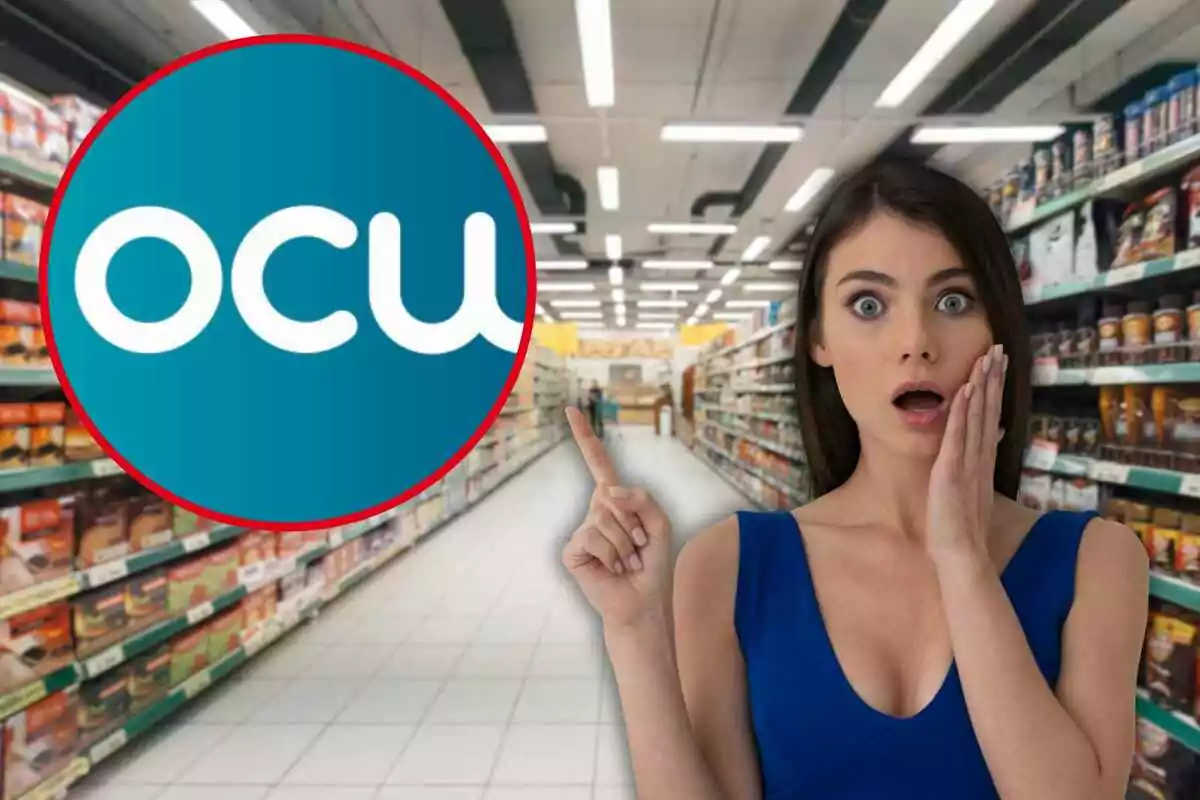 Mujer sorprendida en un supermercado señalando un logo de OCU.