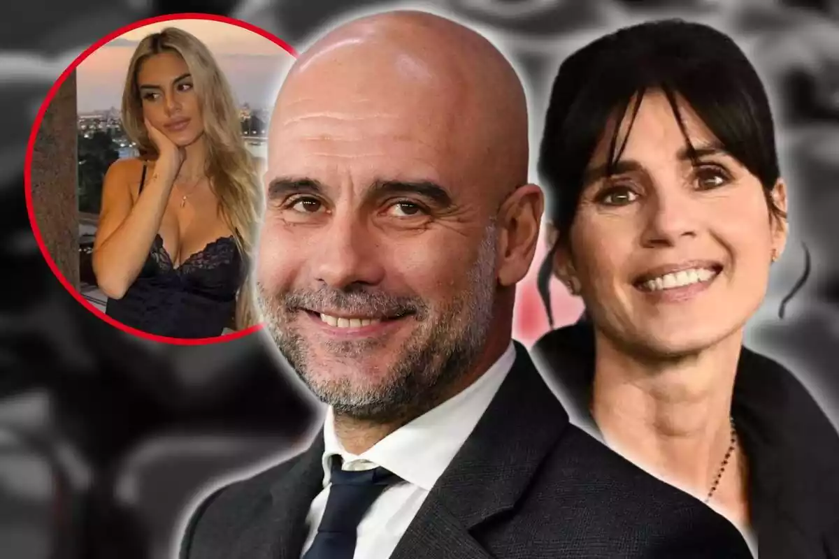 Fotomontaje con las caras al frente de Pep Guardiola y Cristina Serra sonriendo, de fondo una imagen de corazones negros y en una redonda roja Maria Guardiola