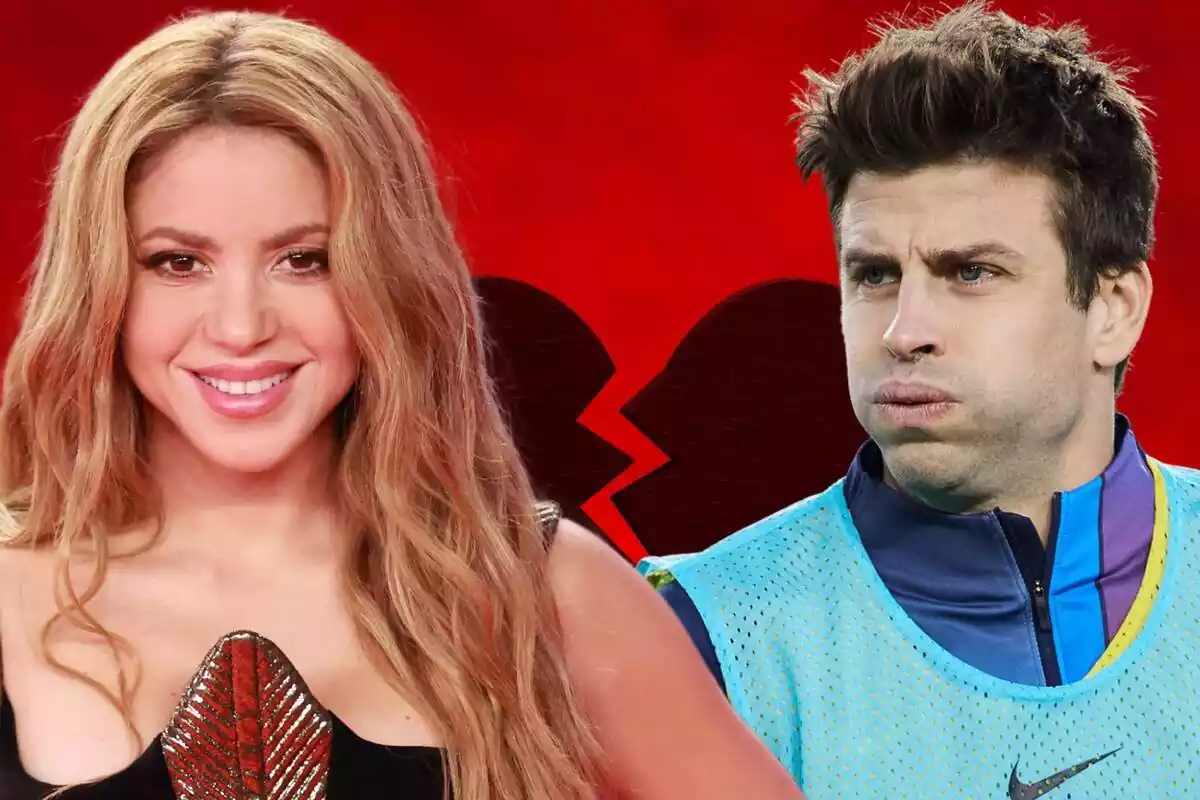 Photomontage of Shakira and Gerard Piqué with a broken heart in the background Photomontage of Shakira and Gerard Piqué with a broken heart in the background