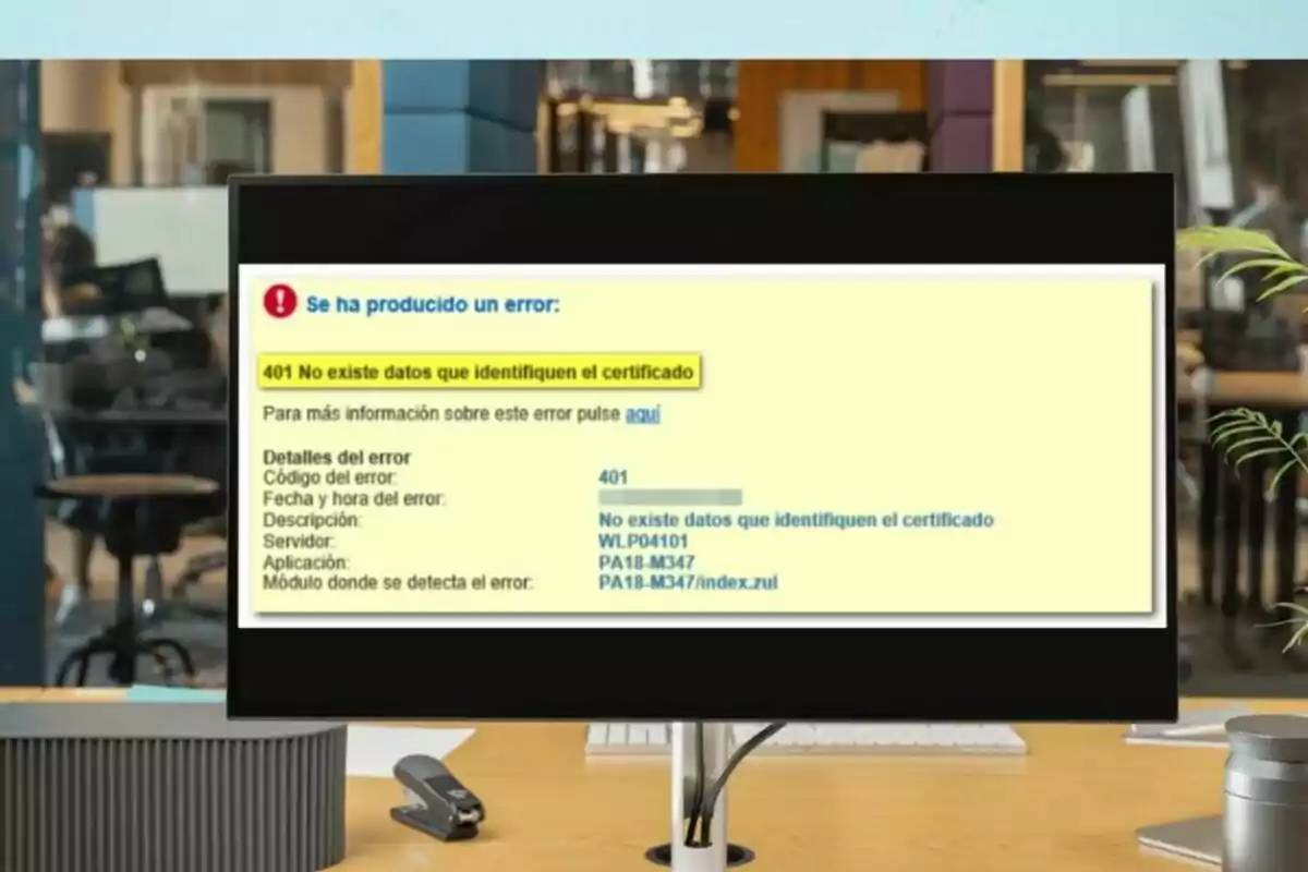 Pantalla de computadora mostrando un mensaje de error que indica que no existen datos que identifiquen el certificado, con detalles técnicos del error. Pantalla de computadora mostrando un mensaje de error que indica que no existen datos que identifiquen el certificado, con detalles técnicos del error.