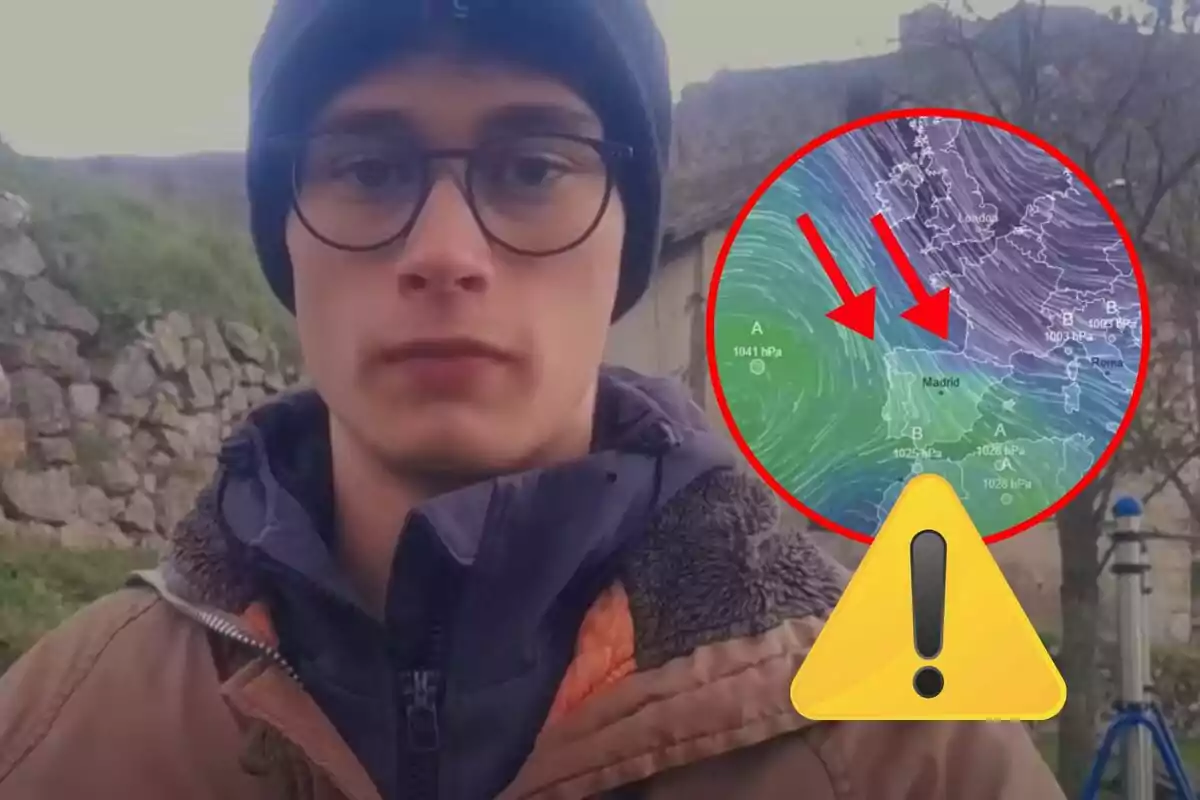 Un joven con gafas y gorro aparece en un entorno exterior, junto a un gráfico meteorológico con flechas rojas y un símbolo de advertencia.