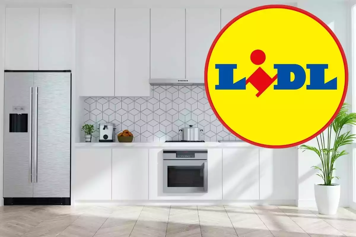 Cocina moderna con electrodomésticos de acero inoxidable y una planta en una maceta blanca, con el logotipo de Lidl superpuesto en la esquina derecha.