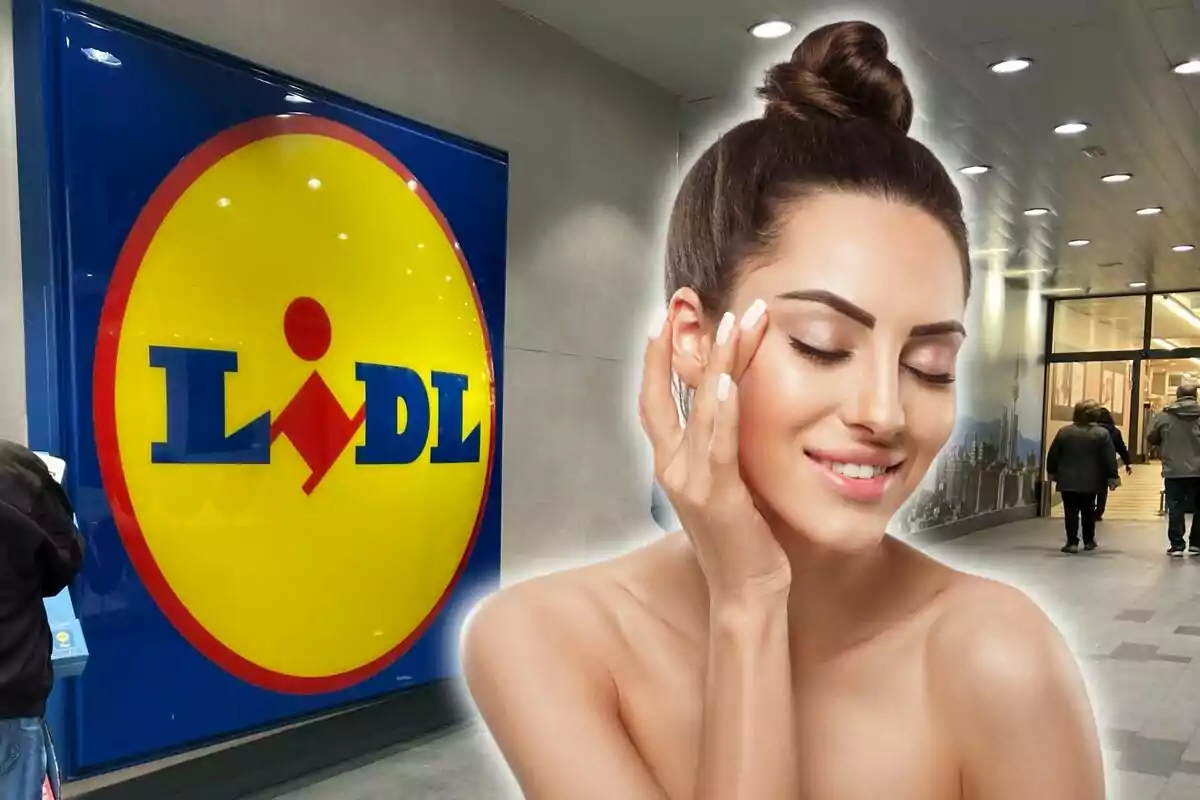 Una mujer sonriente con los ojos cerrados y tocándose la cara aparece superpuesta frente a la entrada de una tienda Lidl.