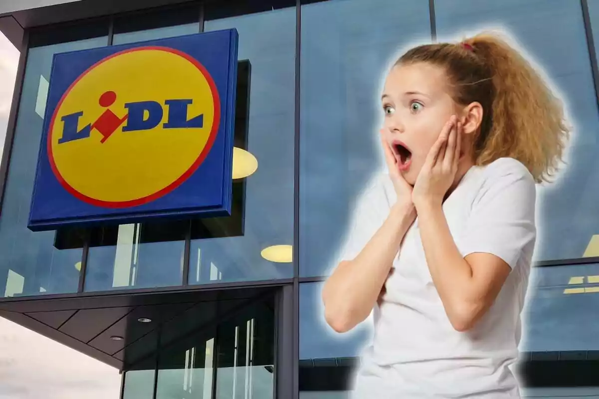 Niña sorprendida frente a una tienda Lidl.