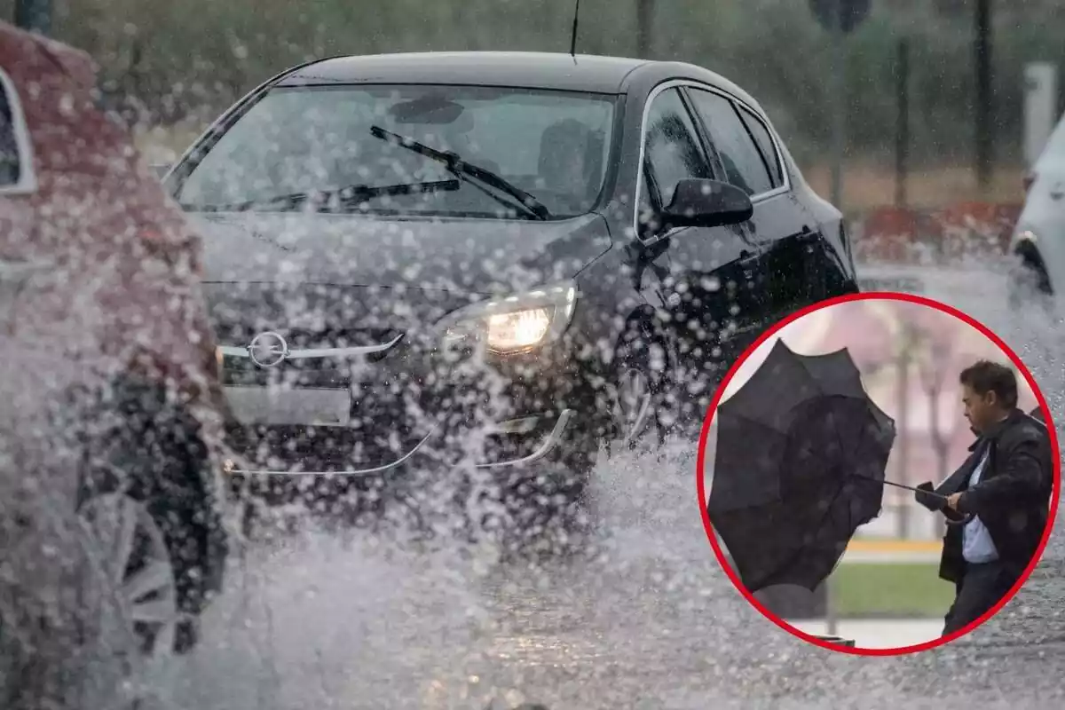 Imagen de fondo de un coche circulando por una carretera con mucha agua y otra de una persona con un paraguas