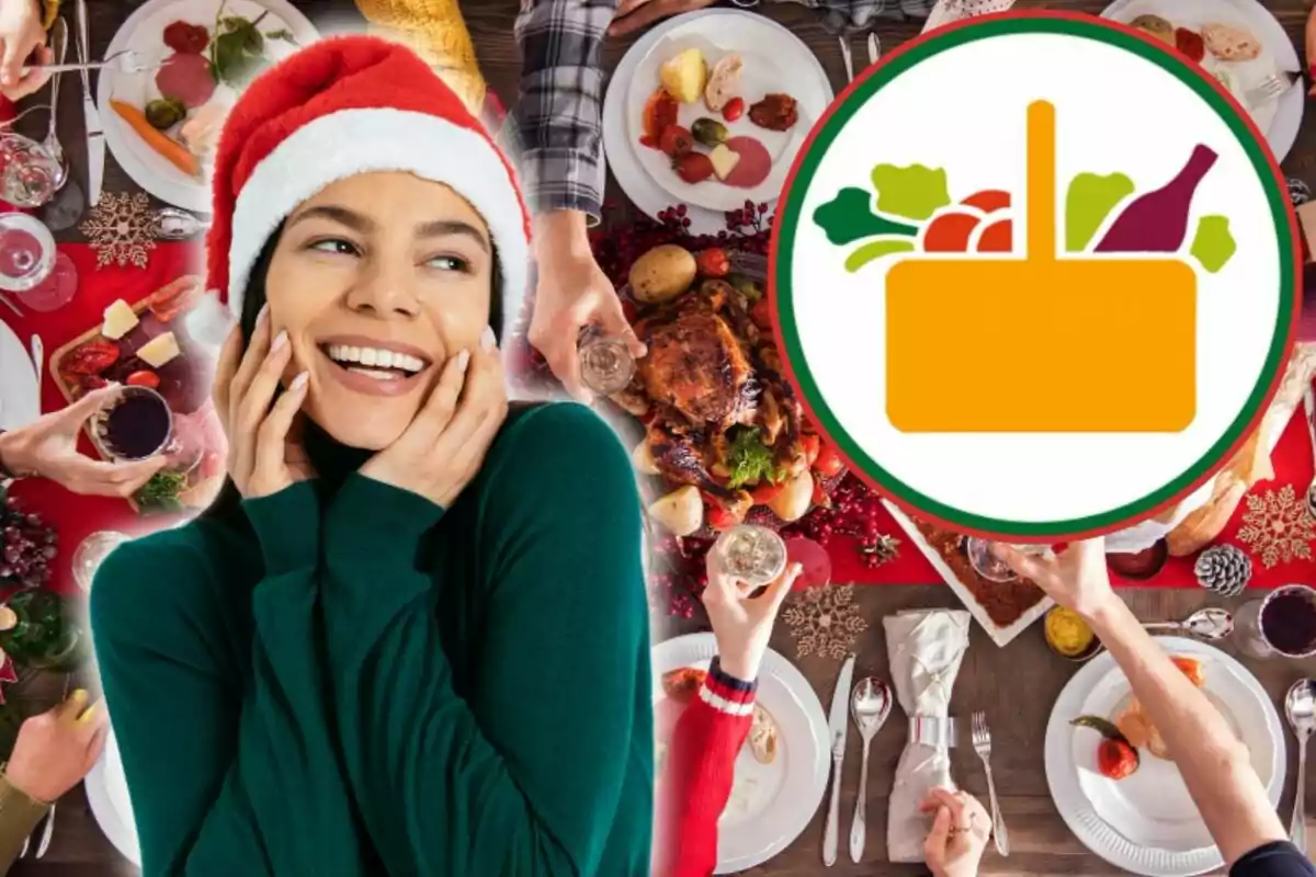 Una mujer sonriente con gorro navideño está frente a una mesa festiva llena de comida y bebidas, junto a un ícono de cesta de alimentos.