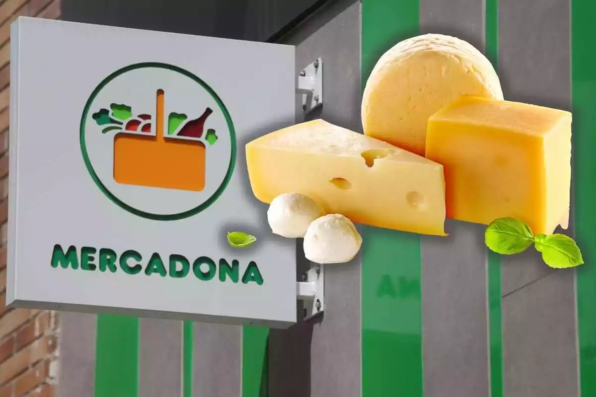 Un cartel de Mercadona con imágenes de varios tipos de queso y hojas de albahaca.