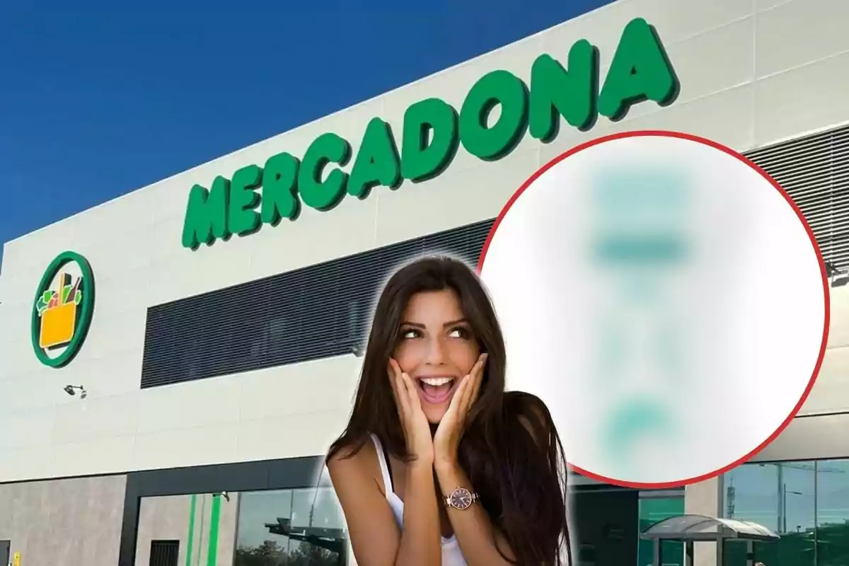 Imagen de una mujer sonriendo y sosteniendo su rostro con las manos, frente a un supermercado Mercadona.