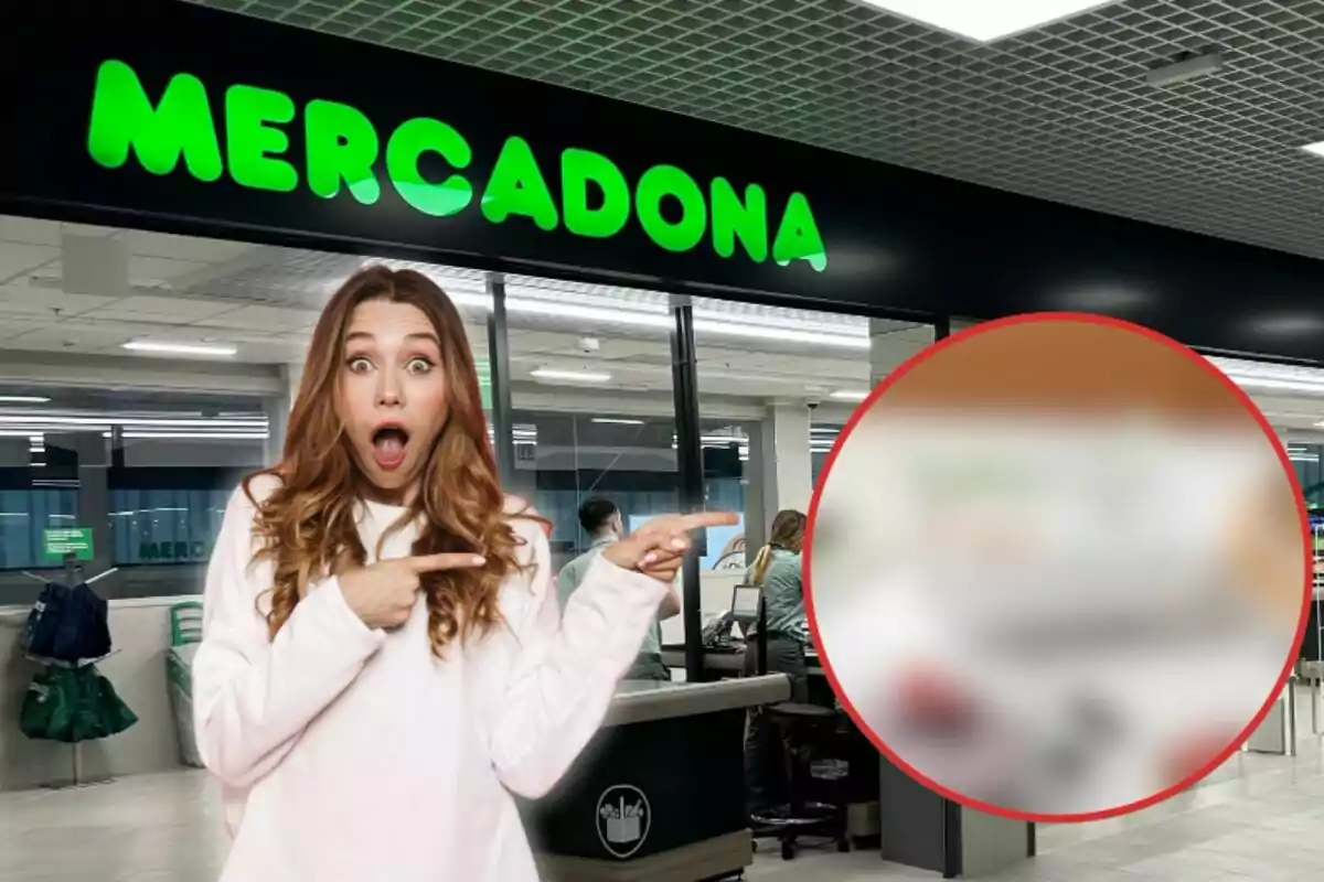 Mujer sorprendida señalando hacia un supermercado Mercadona.