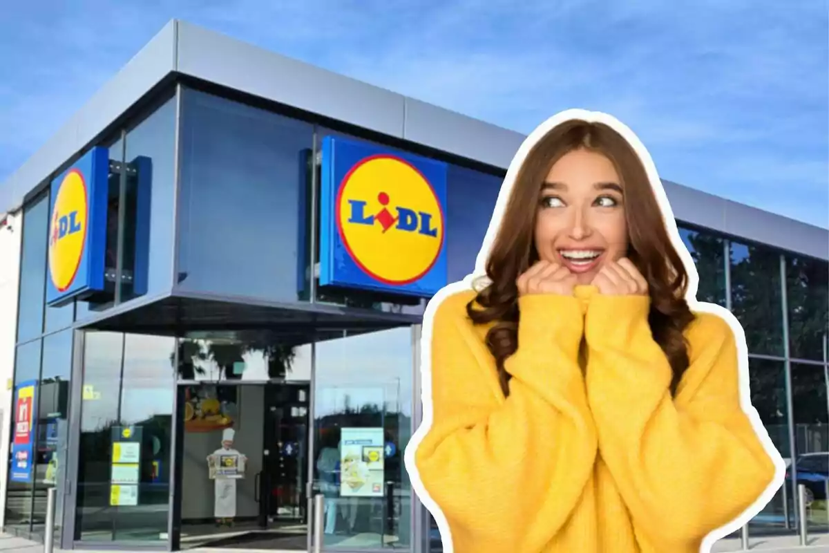 Mujer sonriente con suéter amarillo frente a una tienda Lidl.