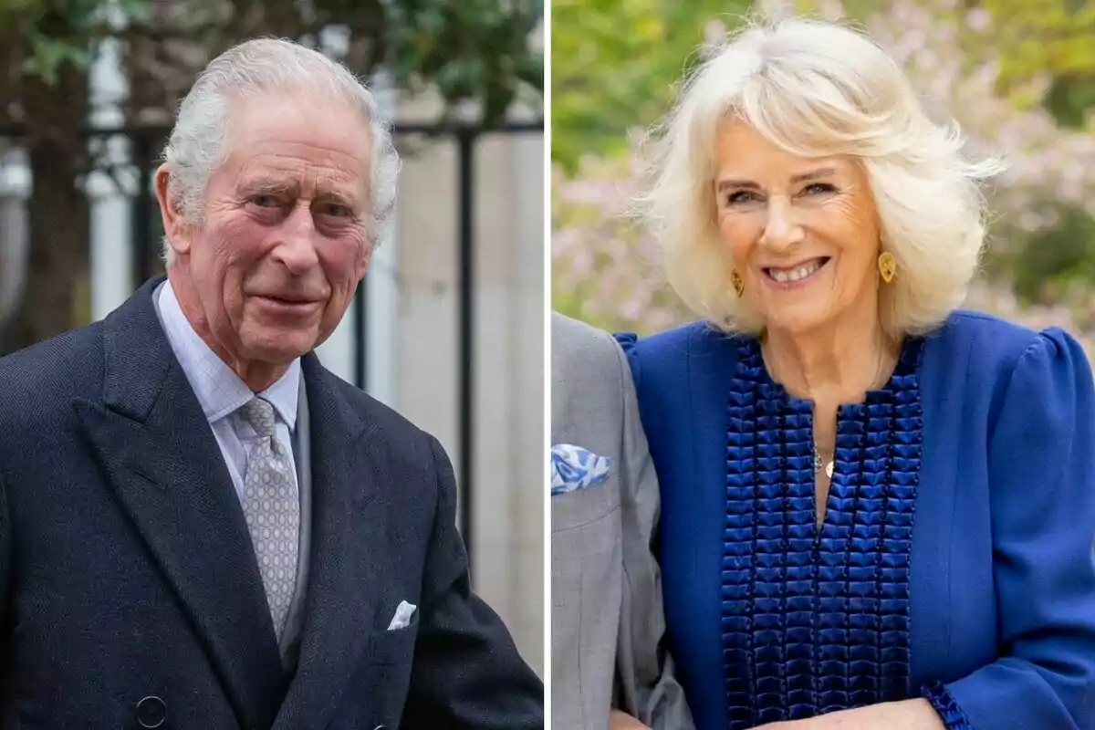 Charles III and Camilla Parker smiling, a man in a dark suit and a woman in a blue dress, in an outdoor setting. Charles III and Camilla Parker smiling, a man in a dark suit and a woman in a blue dress, in an outdoor setting.