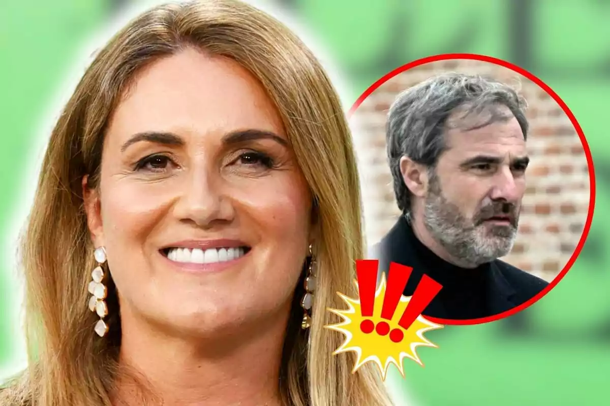 Montaje de fotos de primer plano de Carlota Corredera sonriente y su marido, Carlos de la Maza, con rostro serio y signos de exclamación al lado.