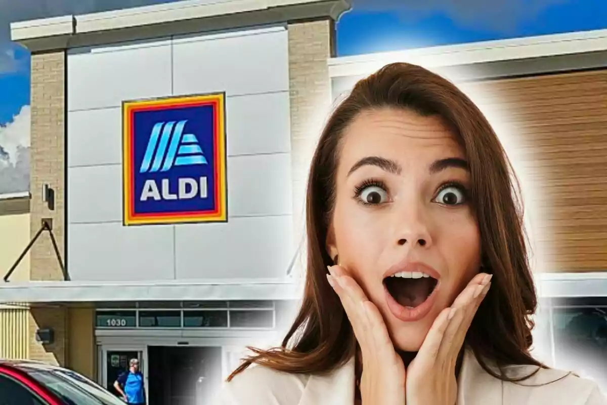 Una mujer con expresión de sorpresa frente a una tienda de Aldi.