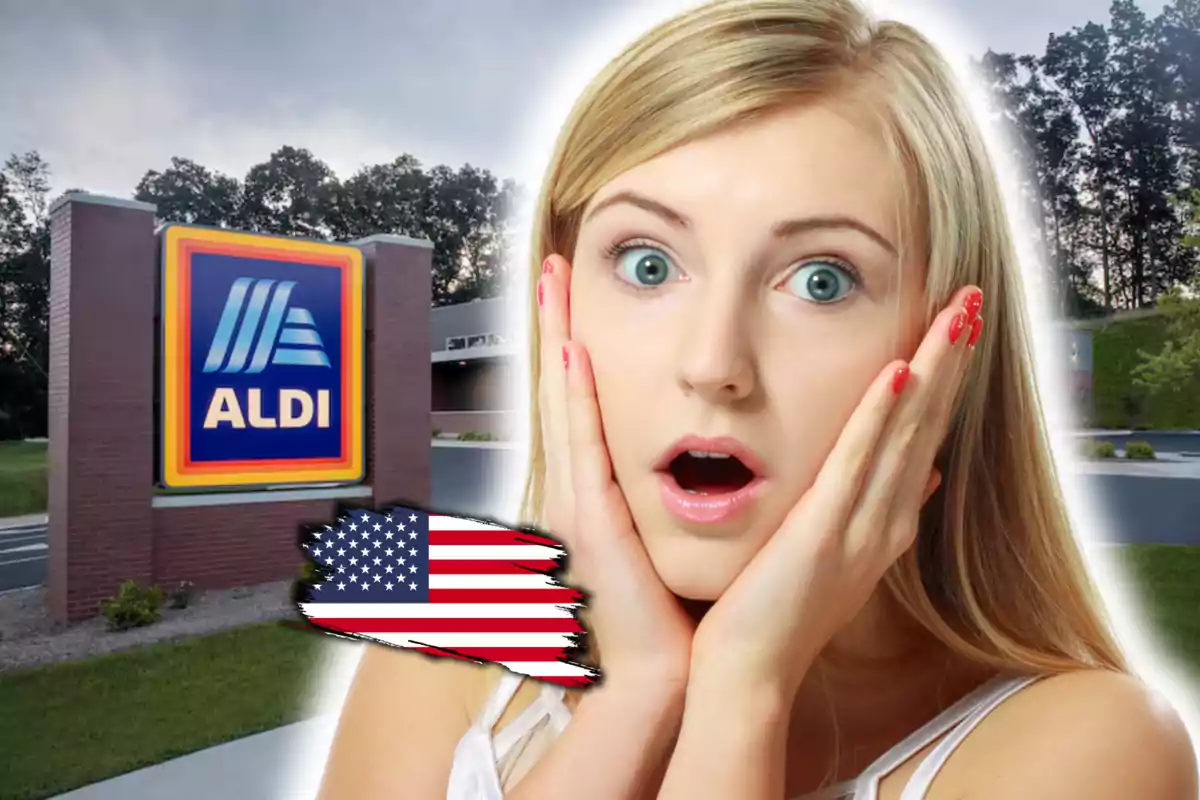 Una persona con expresión de sorpresa frente a un cartel de la tienda Aldi y una bandera de Estados Unidos. Una persona con expresión de sorpresa frente a un cartel de la tienda Aldi y una bandera de Estados Unidos.