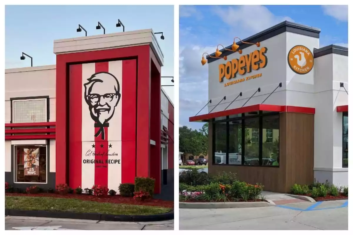 Dos restaurants de menjar ràpid, un amb un disseny vermell i blanc -que és KFC- i l'altre amb un disseny blanc i taronja -que és Popeye's-, tots dos amb logotips distintius a les seves façanes. Dos restaurants de menjar ràpid, un amb un disseny vermell i blanc -que és KFC- i l'altre amb un disseny blanc i taronja -que és Popeye's-, tots dos amb logotips distintius a les seves façanes.