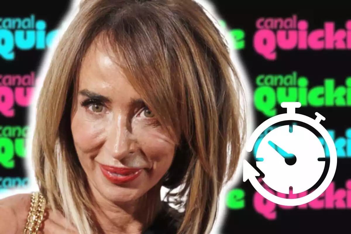 Montaje de fotos de primer plano de María Patiño con rostro sonriente y, de fondo, el logo del Calan Quickie y un emoji de un reloj al lado