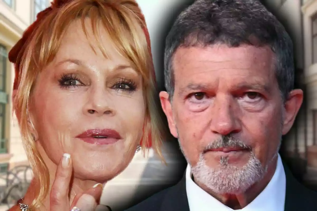 Montaje de fotos de primer plano de Antonio Banderas y Melanie Griffith, ambos con rostro neutro.