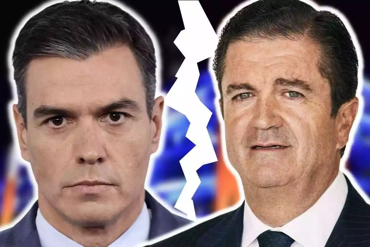 Montaje de fotos de primer plano de Pedro Sánchez y Borja Prado, presidente de Mediaset España, ambos con rostro serio