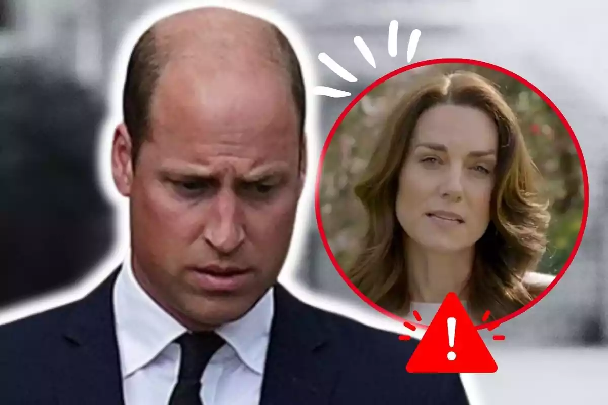 Montaje de fotos de primer plano de Kate Middleton y el príncipe Guillermo, ambos con rostro serio