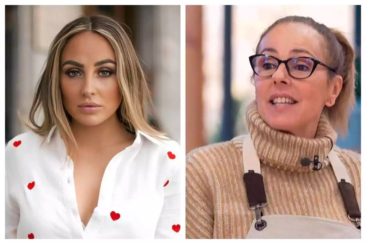 Montaje de fotos de plano corto de Rocío Flores con rostro serio y su madre, Rocío Carrasco, con rostro neutro