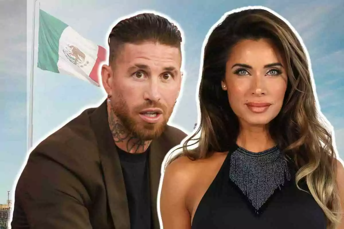 Sergio Ramos and Pilar Rubio in front of a Mexican flag waving in the sky. Sergio Ramos and Pilar Rubio in front of a Mexican flag waving in the sky.