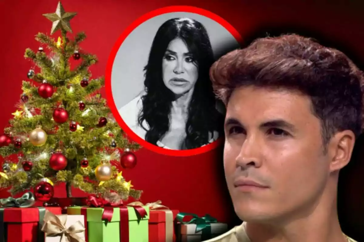 Kiko Jiménez mirando pensativo hacia la derecha con un árbol de Navidad decorado y regalos al fondo y un círculo rojo con la imagen en blanco y negro de Maite Galdeano.