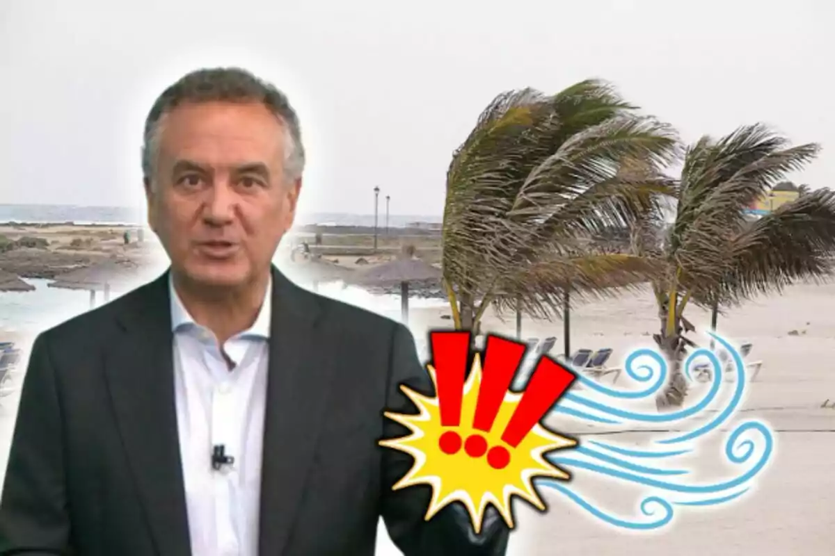 Roberto Brasero en traje frente a una playa ventosa con un gráfico de exclamación y viento.