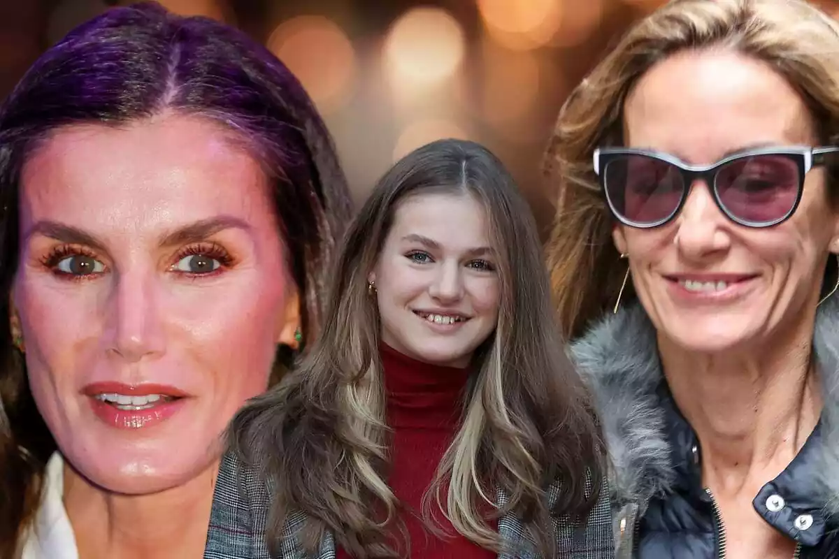 Montaje de Leonor en el centro de la imagen sonriente y a los lados Letizia y Telma Ortiz apuntando su mirada hacia ella Montaje de Leonor en el centro de la imagen sonriente y a los lados Letizia y Telma Ortiz apuntando su mirada hacia ella