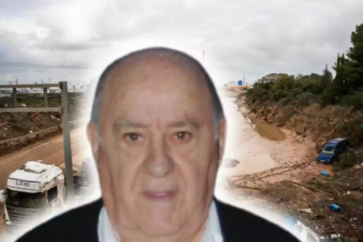 Amancio Ortega con fondo de paisaje afectado la DANA de Valencia.