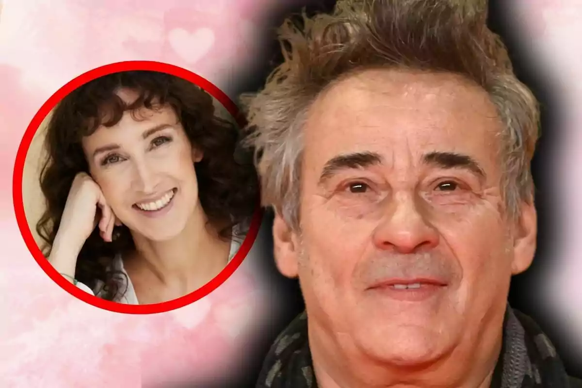 Montaje de fotos de primer plano de Eduard Fernández con cabello canoso y Ainhoa Aldanondo sonriente en un círculo rojo sobre un fondo rosado con corazones.