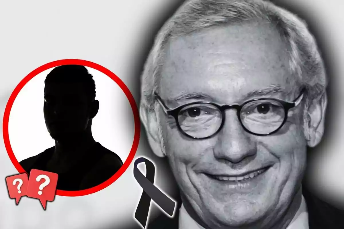 Primer plano de Isak Andic con gafas sonriente en una imagen en blanco y negro mientras un lazo negro aparece en la esquina inferior derecha y un círculo rojo con una silueta oscura y dos iconos de signos de interrogación se encuentra a la izquierda.