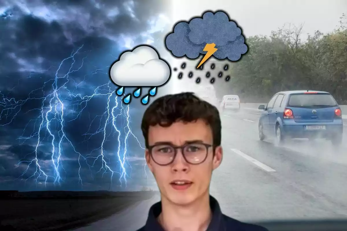 Montaje de fotos de Jorge Rey con gafas aparece frente a un fondo dividido entre una tormenta eléctrica y una carretera lluviosa con coches, acompañado de iconos de nubes de lluvia y tormenta.