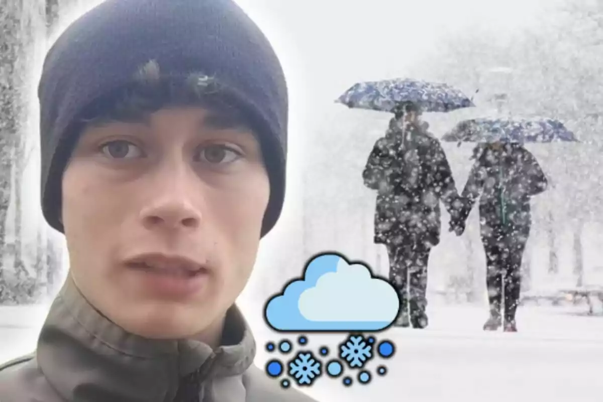 Montaje de fotos de Jorge Rey vistiendo un gorro negro en primer plano y una pareja caminando bajo la nieve con paraguas al fondo, junto a un emoji de nube y copos de nieve.