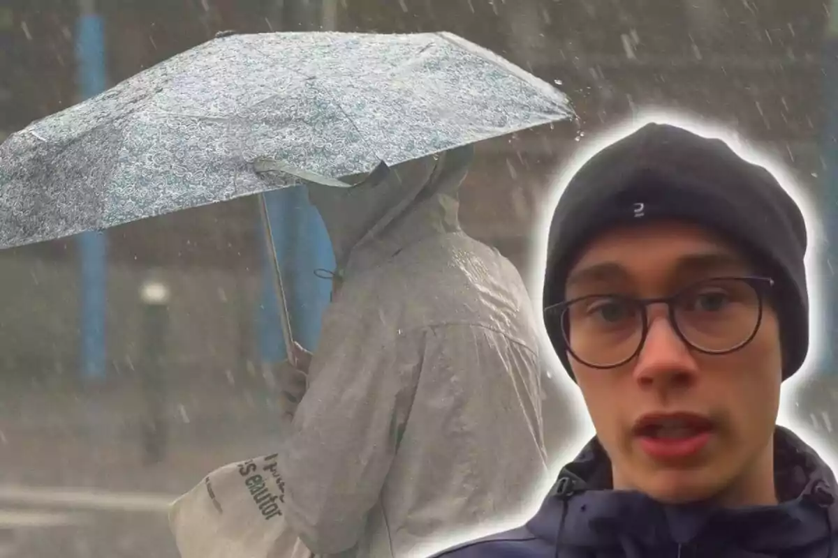 Montaje de fotos de Jorge Rey con gafas y gorro negro en primer plano y otra persona con un paraguas azul en un día lluvioso.