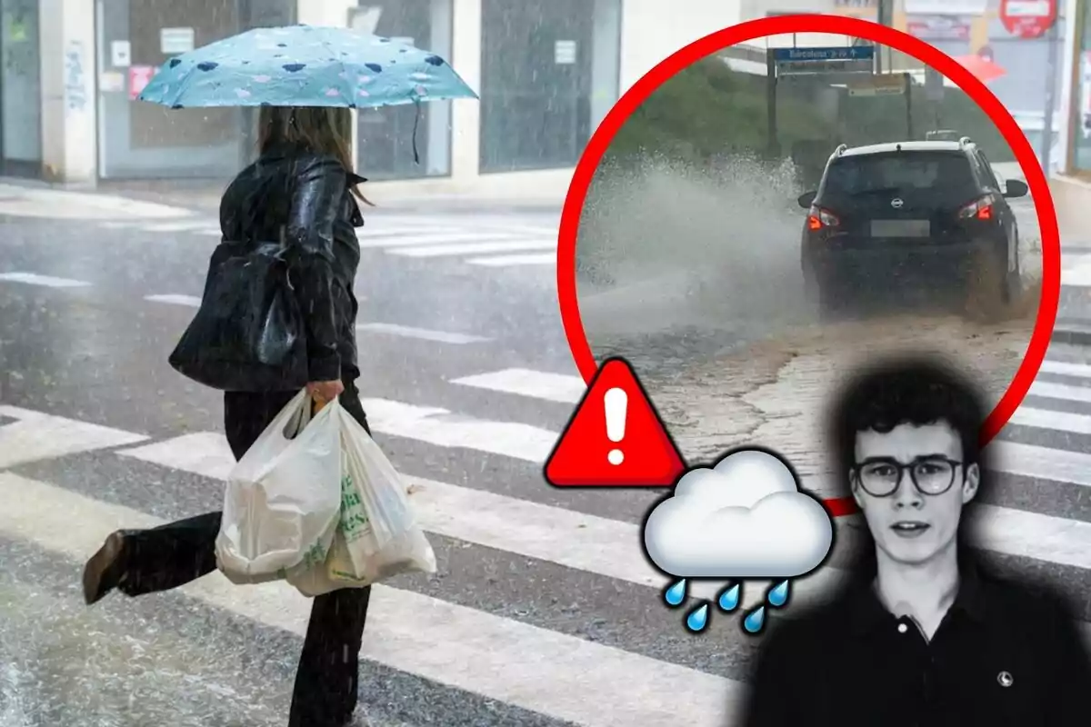 Una persona con paraguas cruza la calle bajo la lluvia mientras un coche salpica agua en un charco, al lado, hay una imagen de Jorge Rey en blanco y negro con rostro neutro.