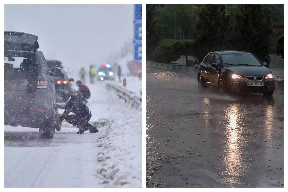 A la izquierda, una persona coloca cadenas en un auto durante una nevada intensa; a la derecha, un coche circula por una carretera mojada bajo la lluvia.