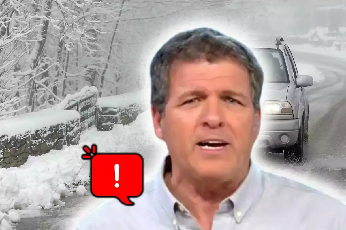 Montaje de fotos de Mario Picazo hablando con un fondo de carretera nevada y un coche, acompañado de un icono de advertencia en rojo.