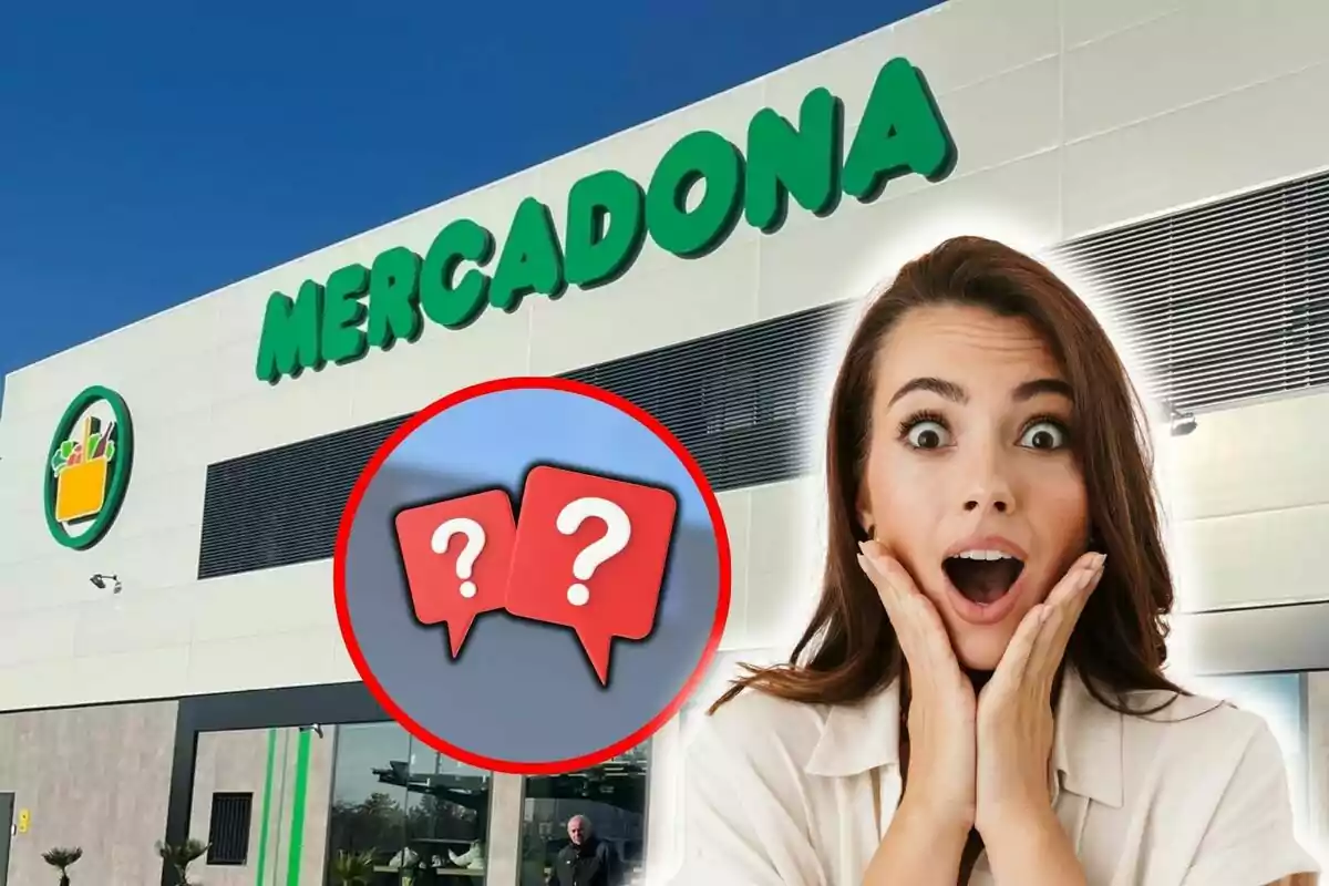 Mujer sorprendida frente a un supermercado Mercadona con iconos de interrogación.